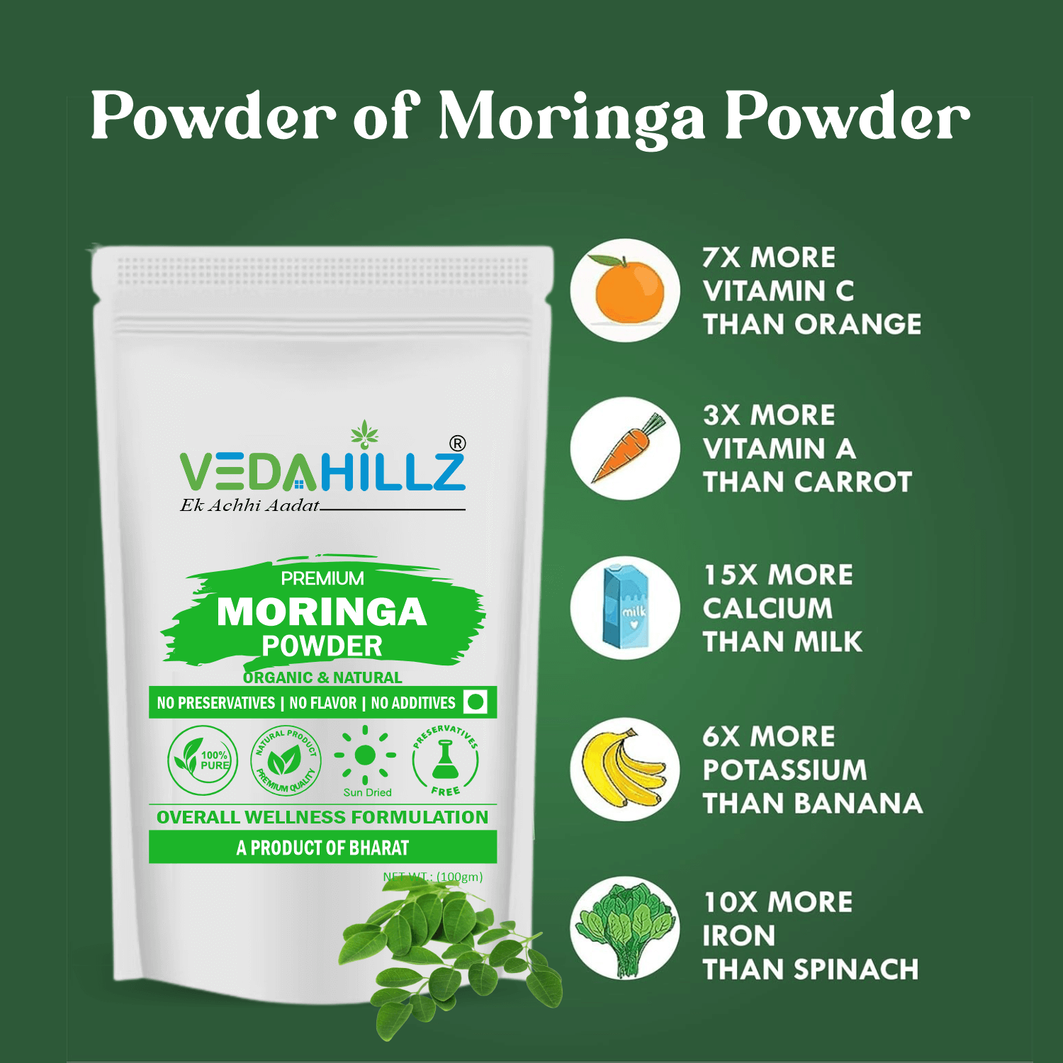 Vedahillz Moringa Powder Made from Carefully Selected Moringa Leaves